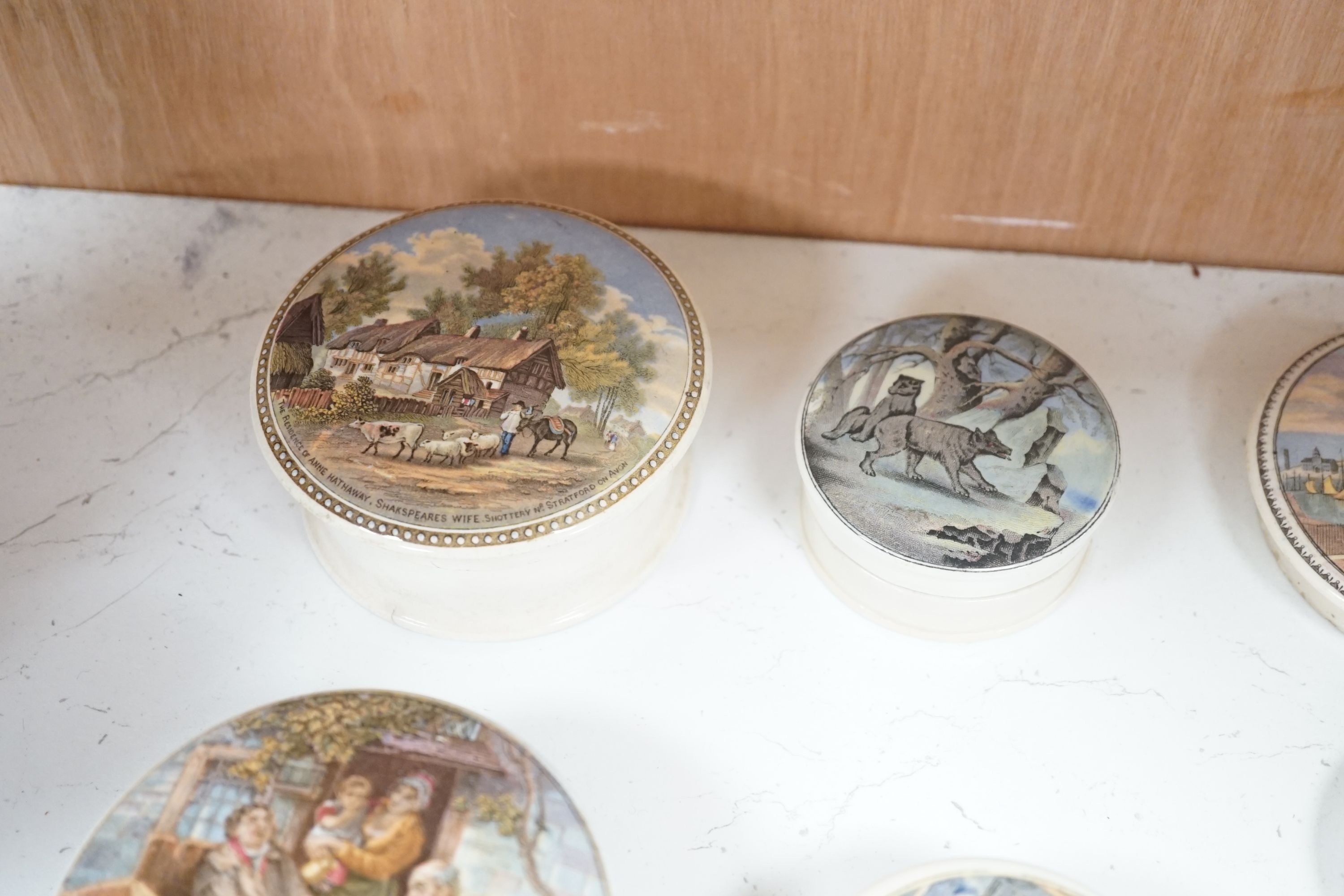 Ten Victorian pot lids including six bear's grease, largest 10.5 cms diameter.